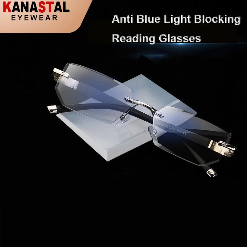 Men Blue Light Blocking Reading Glasses Women Dimond Cutting Rimless Eyeglasses Frame Anti Fatigue Hyperopia Presbyopic Eyewear